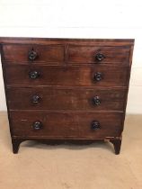 Antique furniture, 19th century chest of 3 drawers with 2 above on scroll pelmet base with turned