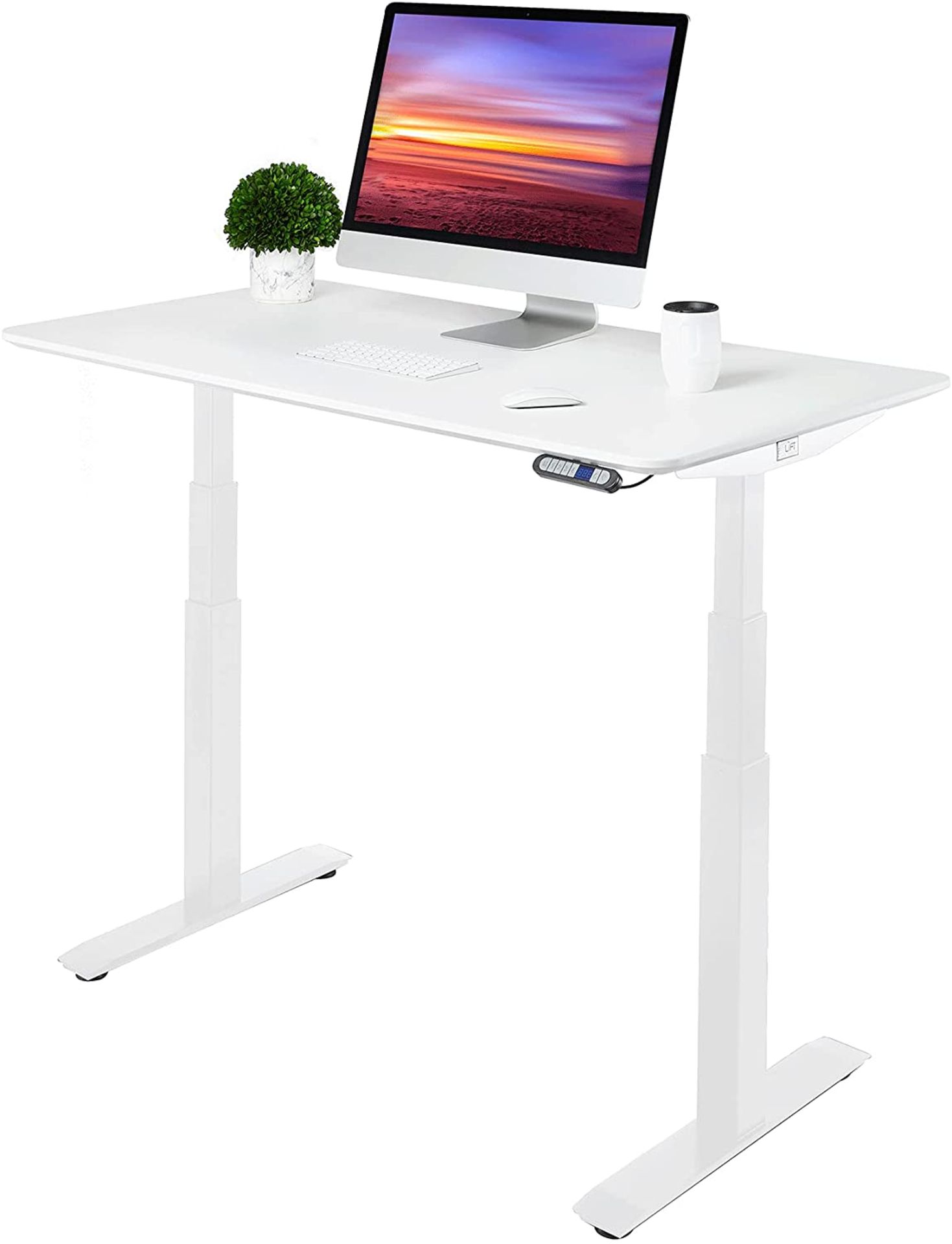 1 SEVILLE CLASSICS AIRLIFT PRO DUAL MOTORS TEMPERED GLASS ELECTRIC STANDING DESK WITH DRAWER, DUAL