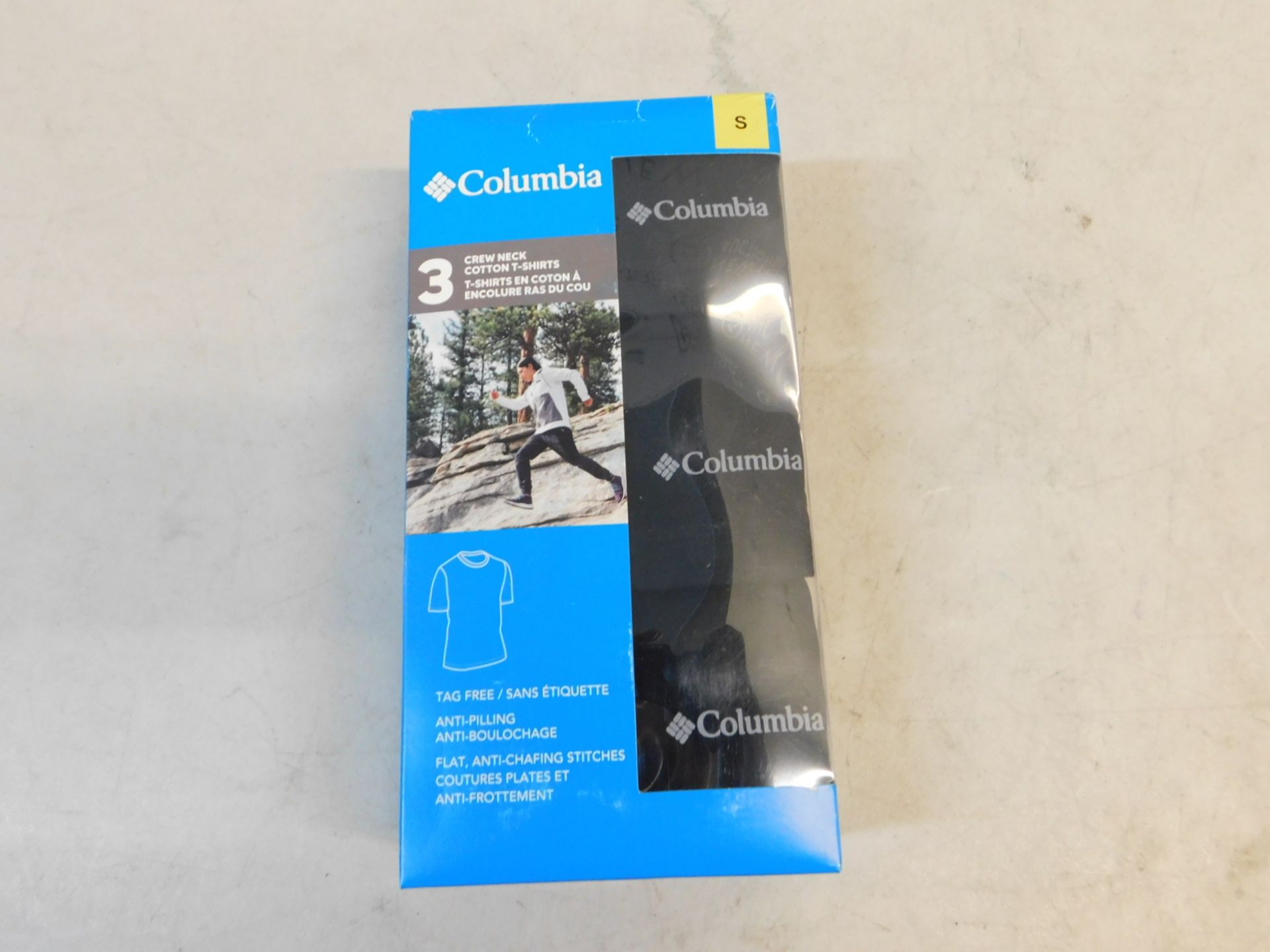 1 BRAND NEW BOXED COLUMBIA MEN'S 3-PACK SHORT SLEEVE CREW NECK COTTON T-SHIRTS IN BLACK SIZE S RRP