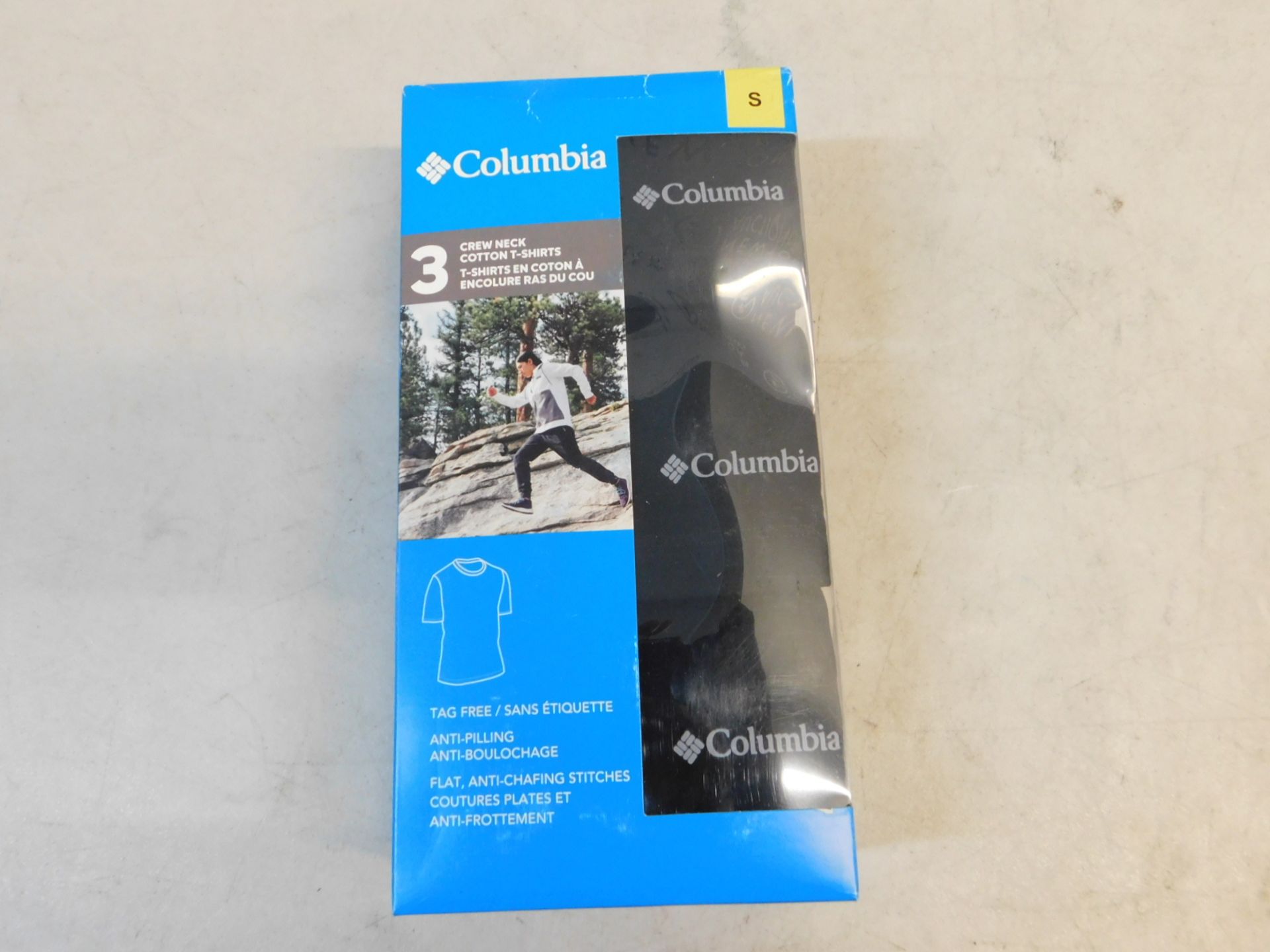 1 BRAND NEW BOXED COLUMBIA MEN'S 3-PACK SHORT SLEEVE CREW NECK COTTON T-SHIRTS IN BLACK SIZE S RRP