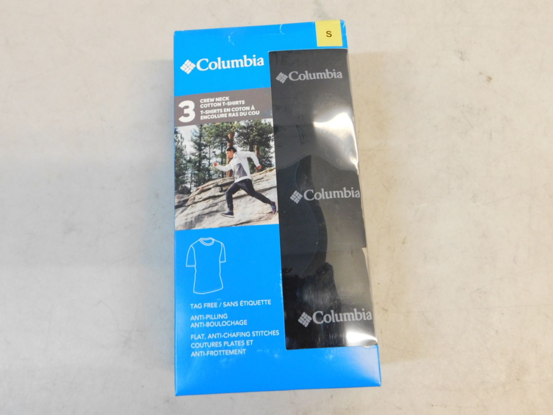 1 BRAND NEW BOXED COLUMBIA MEN'S 3-PACK SHORT SLEEVE CREW NECK COTTON T-SHIRTS IN BLACK SIZE S RRP