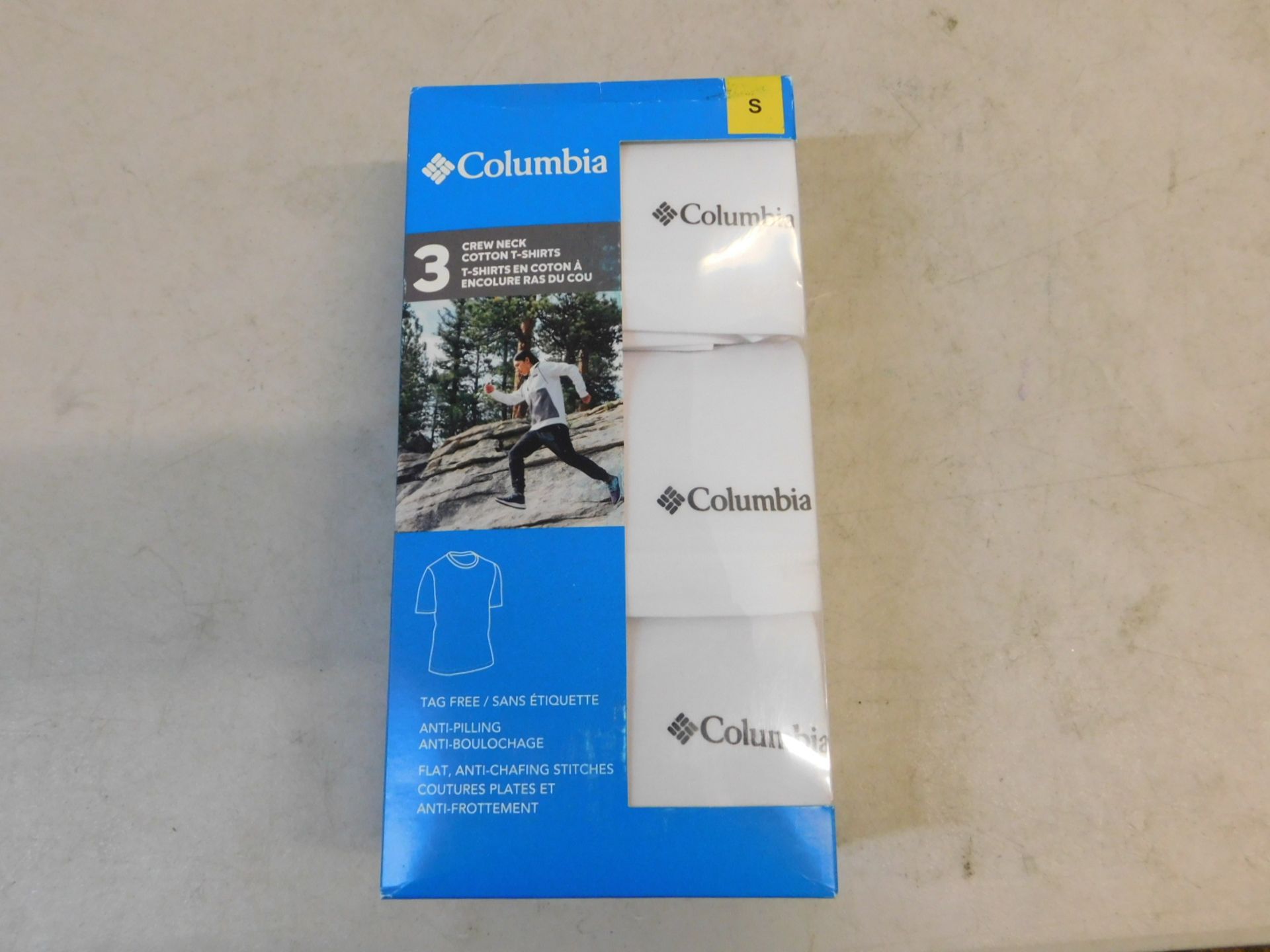 1 BRAND NEW BOXED COLUMBIA MEN'S 3-PACK SHORT SLEEVE CREW NECK COTTON T-SHIRTS IN WHITE SIZE S RRP