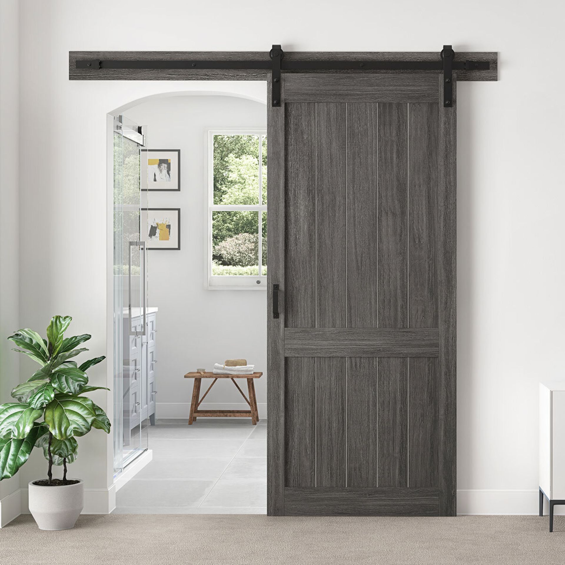1 BOXED OVE DECORS HOMESTEAD SLIDING INTERIOR BARN DOOR IN CARBON GREY WOOD RRP Â£399 (PICTURES
