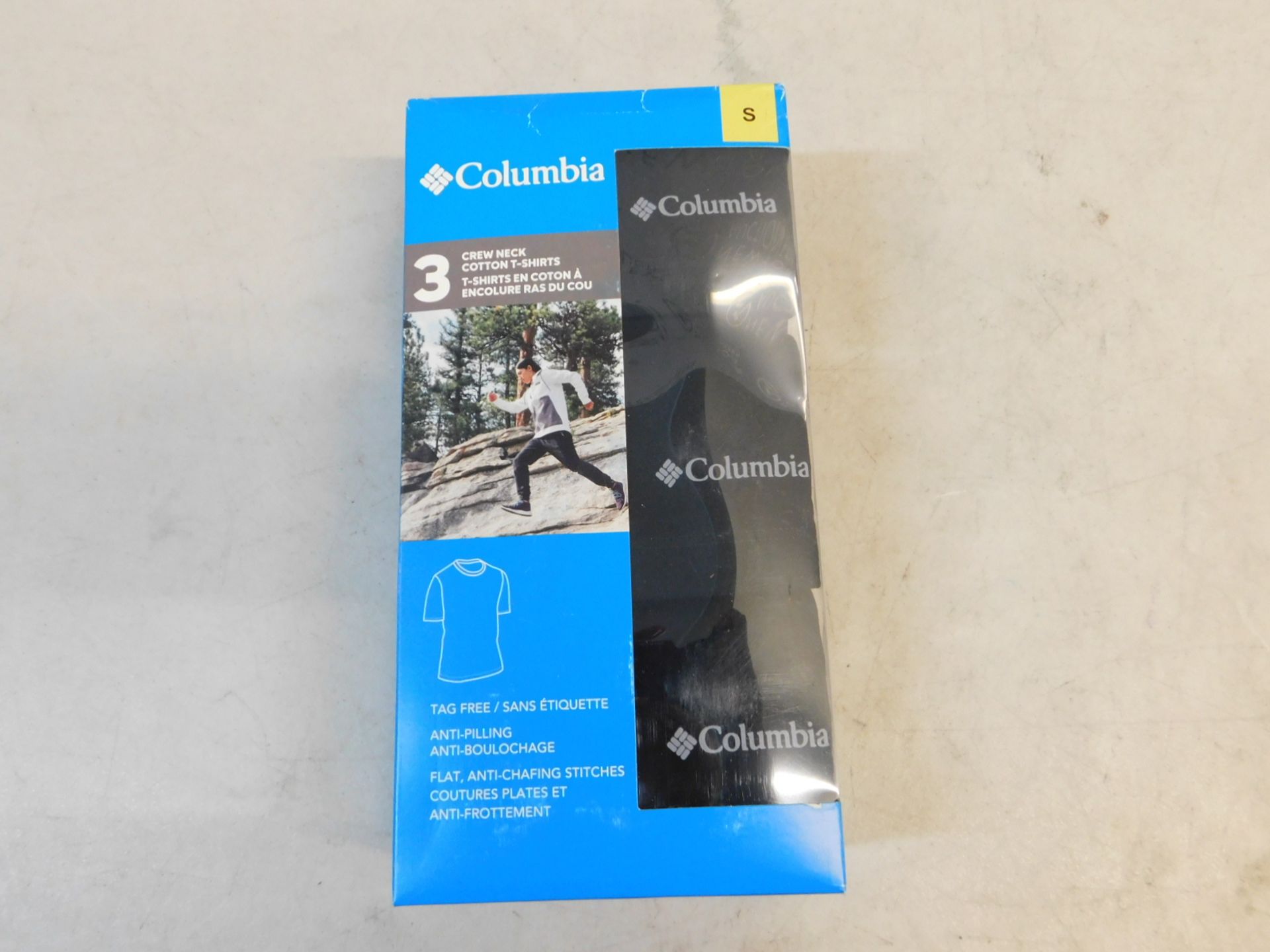 1 BRAND NEW BOXED COLUMBIA MEN'S 3-PACK SHORT SLEEVE CREW NECK COTTON T-SHIRTS IN BLACK SIZE S RRP