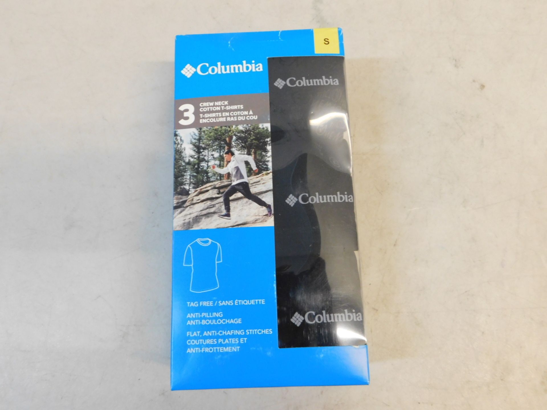 1 BRAND NEW BOXED COLUMBIA MEN'S 3-PACK SHORT SLEEVE CREW NECK COTTON T-SHIRTS IN BLACK SIZE S RRP