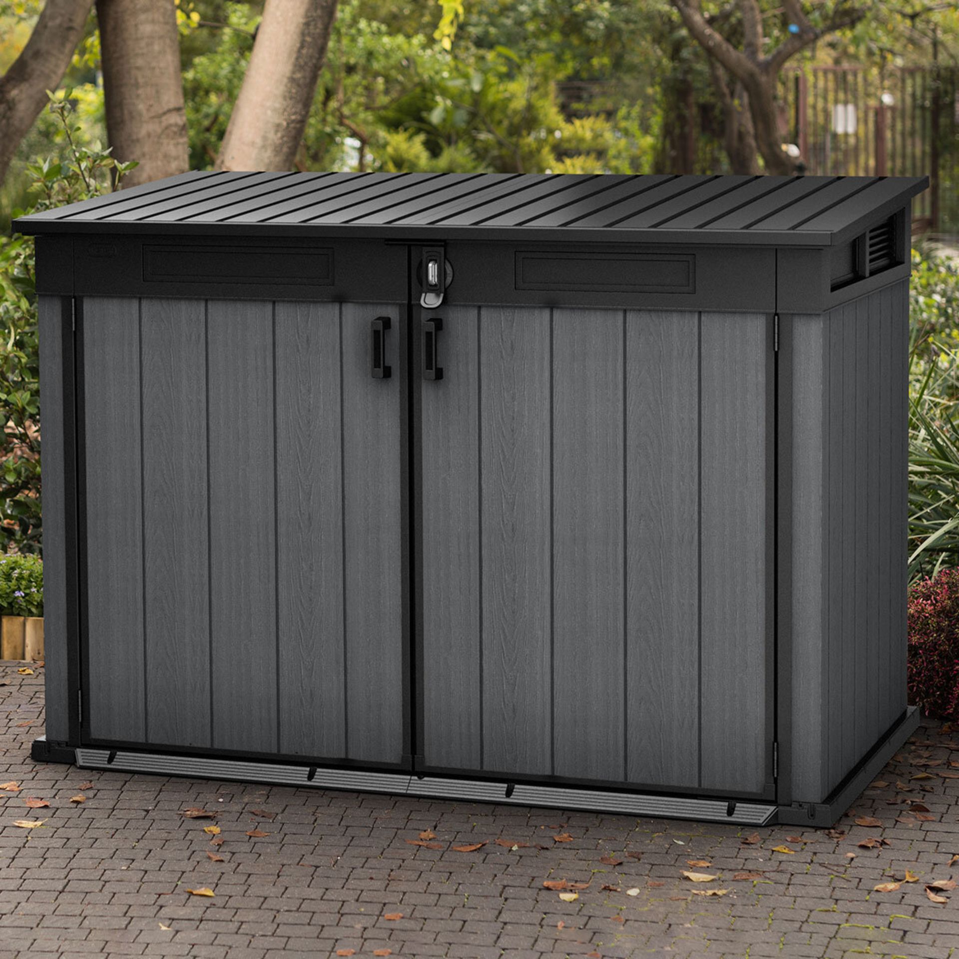 1 BOXED KETER CORTINA MEGA STORE 6FT 3" X 3FT 7" (1.9 X 1.1M) HORIZONTAL 2,020 LITRE STORAGE SHED