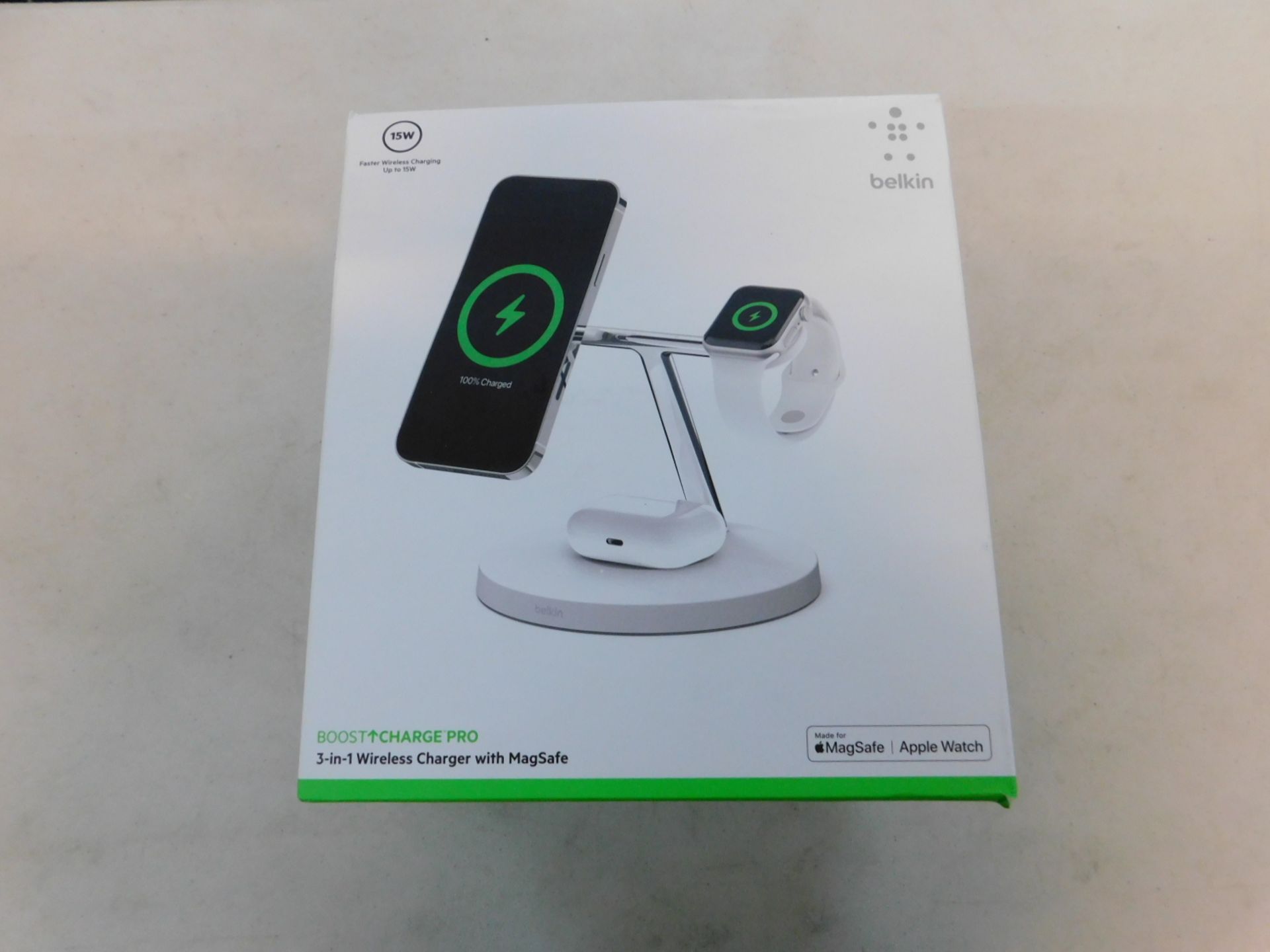 1 BOXED BELKIN 3-IN-1 WIRELESS CHARGER WITH MAGSAFE, 15W, RRP Â£139.99