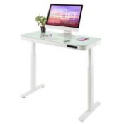 1 SEVILLE CLASSICS AIRLIFT PRO DUAL MOTORS TEMPERED GLASS ELECTRIC STANDING DESK WITH DRAWER, DUAL