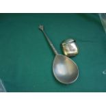 Vintage horse head plated vesta case and a early pewter anointing spoon