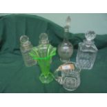 3 square tantalus style whisky decanters each with golf ball stopper,