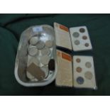 Selection of 7 QEII Crown pieces, Georgian Bun Penny, decimal coinage sachets etc.