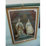 Framed coloured print of King George V and Queen Mary at their Coronation in 1911