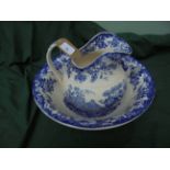 Minton Genevese blue and white toilet jug and bowl decorated lakeside scene