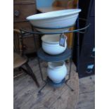 Green painted 3 tier metal toilet stand offered with 4 pieces of white toilet ware incl.