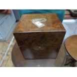 Burr walnut tantalus box, the interior with blue velvet lining to the two compartments,