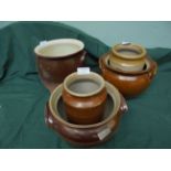 3 stoneware storage pippins and a two further stoneware storage jars (5)