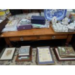 Rectangular polished pine kitchen table, fitted 2 drawers,