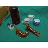 Magpie box containing cranberry jug with handle, ceramic coffee can, Chinese cup and bowl,