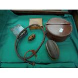 Magpie box containing circular leather collar box, wooden hand brush,