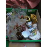 Box containing 12 drinking glasses, 6 of hunting design and 6 of various birds,