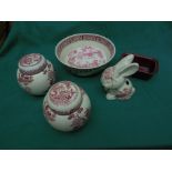 Mixed lot of claret and white ceramics being bowl marked Myott Son Staffordshire, Old England,