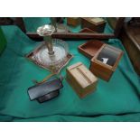 Magpie box containing wooden cigarette table vendor, wooden box with cardboard numbers,