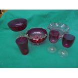 Small collection of cranberry glassware comprising 2 wine glasses, tumbler,