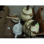 2 cream urn shaped table lamps, mortar and pestle,