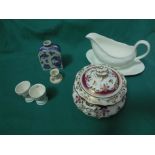 Mixed magpie box comprising lidded bowl with handles, 2 egg cups, white gravy boat on stand,