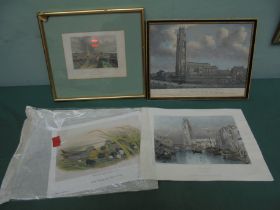 Early framed print of Louth Church from distance, traditional framed print of Boston Church,