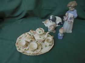 Delightful small ceramic child's tea set to include tray, 2 cups and saucers, sugar,