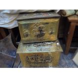 2 brass coal boxes, 1 with ship design,