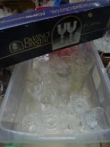 Crate containing a variety of cut glass wine glasses and others, vase decanter,
