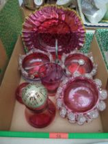 Nice collection of fluted cranberry glassware, 1 being metal stand with 2 containers,