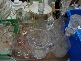 Tray containing 4 cut glass decanters,