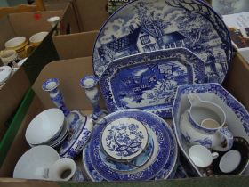 Large box of blue and white ceramic ware to include large wall plaque, meat platter,