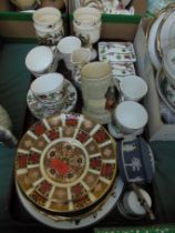 Mixed lot of ceramics including hunting scene Staffordshire cups and saucers and containers with
