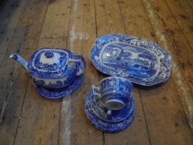 Box containing a number of old Spode ceramic items including teapot, cups, saucers,