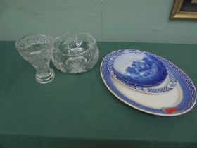 4 blue and white meat plates and 2 cut glass items being vase and fruit bowl