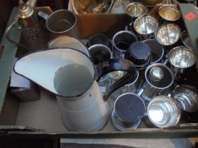 Mixed box of pewter tankards, enamelled jugs,