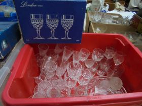 Crate containing a large selection of wine glasses