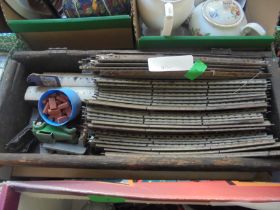Wooden box containing an amount of Hornby 'OO' gauge vintage track, carriages,
