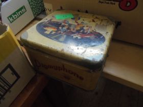 Metal child's record player in original decorated tin box called 'Pigmy Phone' by Bing,