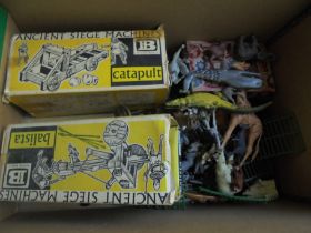 Box containing qty of plastic Zoo and Farm Animals together with box Britians Medieval Catapult