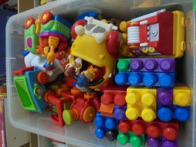 Huge box of vintage plastic toys, building bricks, talking telephone,