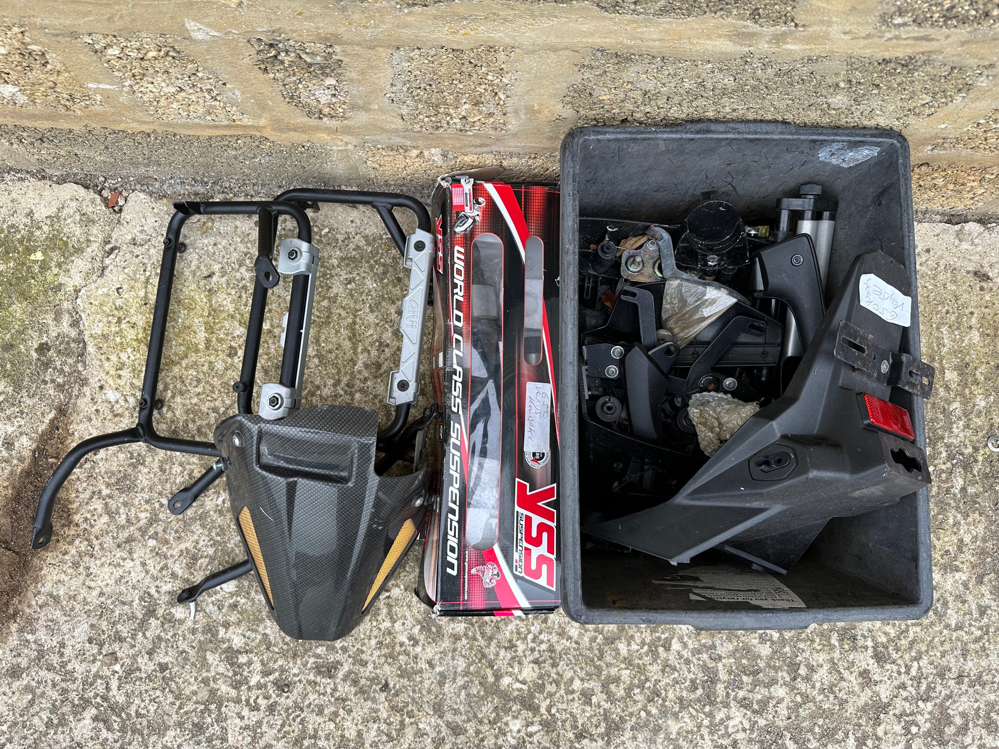 Honda 750 panniers, Kawasaki black box etc.