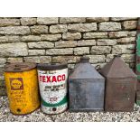 A five gallon pyramid can stamped S.M.Ld, a Mobiloil five gallon pyramid can and two others.