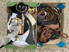 Two boxes of upholsterer's equipment, leather straps etc.