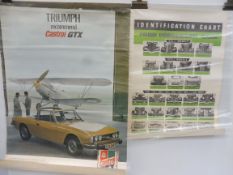 Three unframed posters, Triumph Stag, Castrol and Ford Passenger cars.