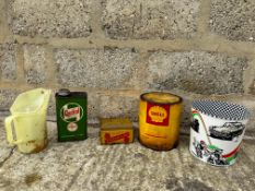 A tin waste paper basket decorated in a motoring theme plus various other tins.